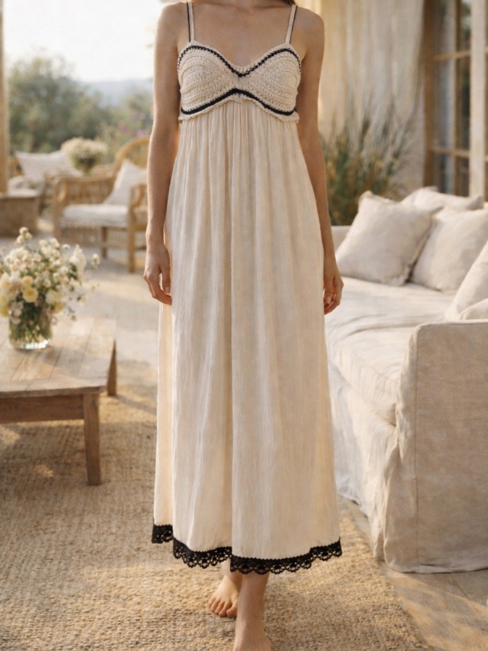 Zara Cream Spaghetti Strap Maxi Dress Black Trim Cottagecore M